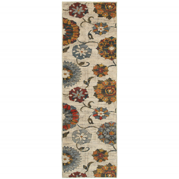 2 X 8 Orange And Ivory Floral Power Loom Runner Rug Image 1