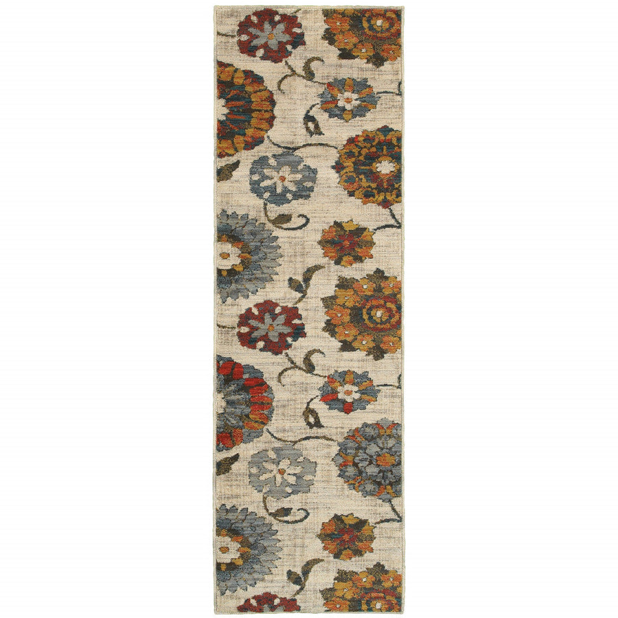 2 X 8 Orange And Ivory Floral Power Loom Runner Rug Image 1