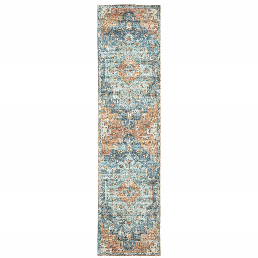 2 X 8 Orange Blue Teal Green And Beige Oriental Power Loom Stain Resistant Runner Rug Image 1