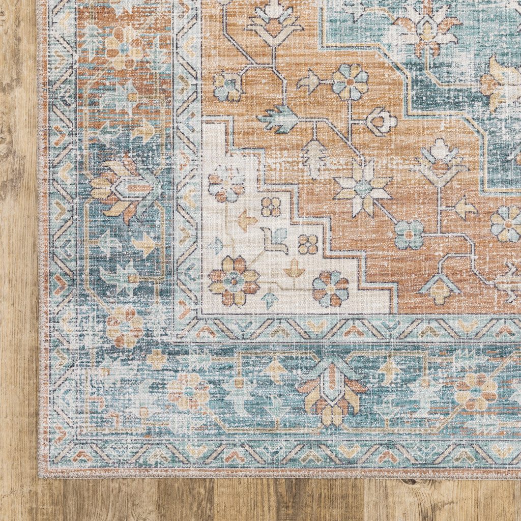 2 X 8 Orange Blue Teal Green And Beige Oriental Power Loom Stain Resistant Runner Rug Image 2