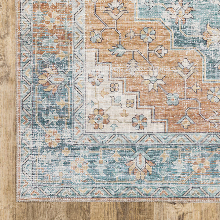 2 X 8 Orange Blue Teal Green And Beige Oriental Power Loom Stain Resistant Runner Rug Image 2