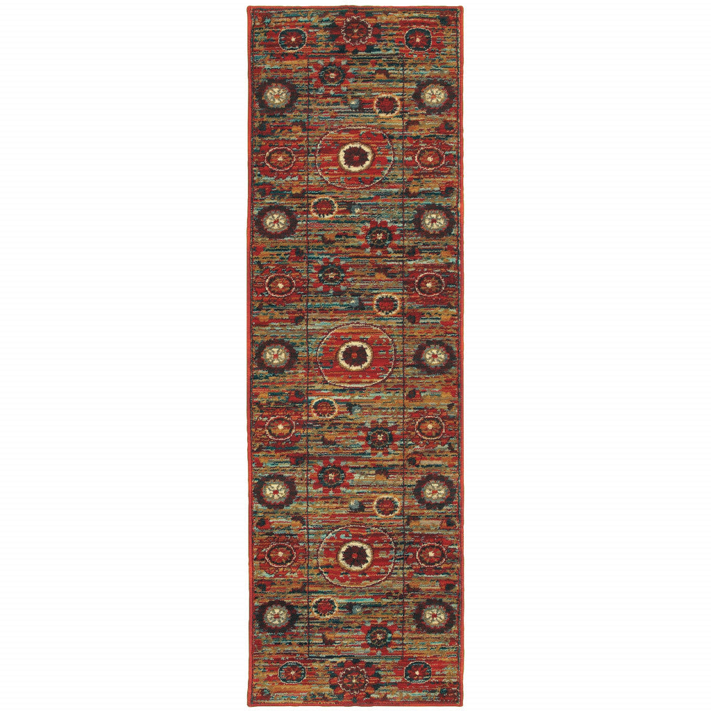 2 X 8 Red Gold Orange Green Ivory Rust And Blue Floral Power Loom Stain Resistant Runner Rug Image 1