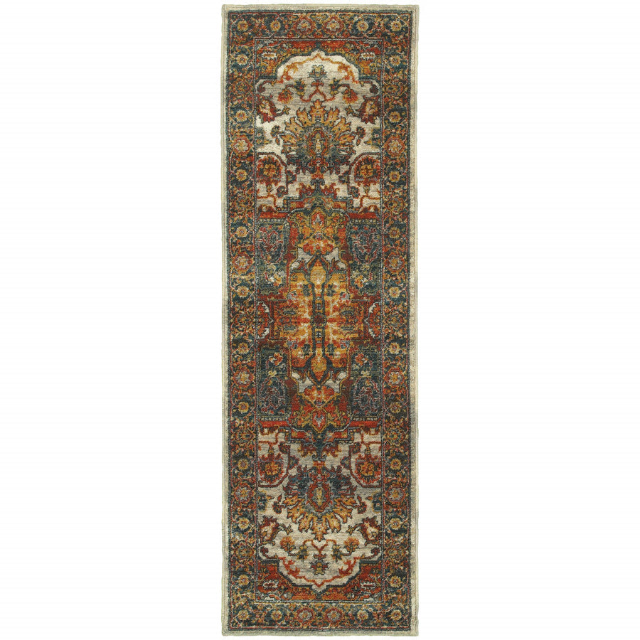 2 X 8 Red Gold Orange Green Ivory Rust And Blue Oriental Power Loom Stain Resistant Runner Rug Image 1