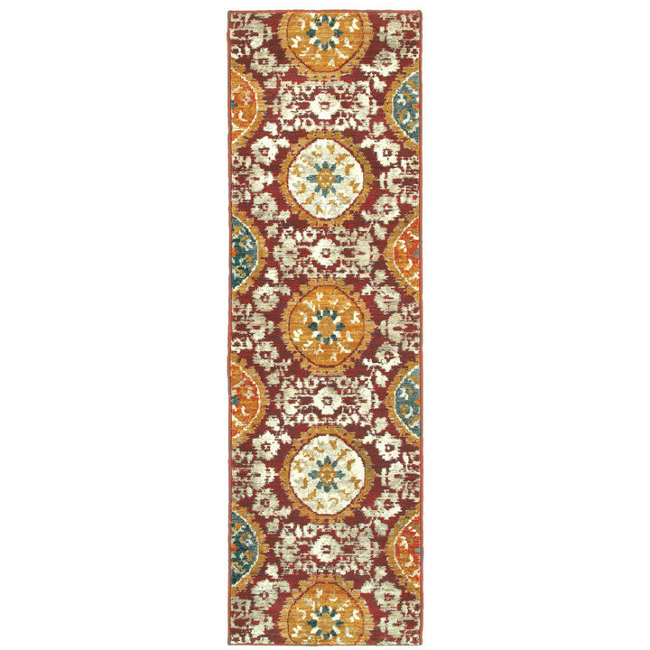 2 X 8 Red Gold Teal Grey Ivory And Blue Oriental Power Loom Stain Resistant Runner Rug Image 1