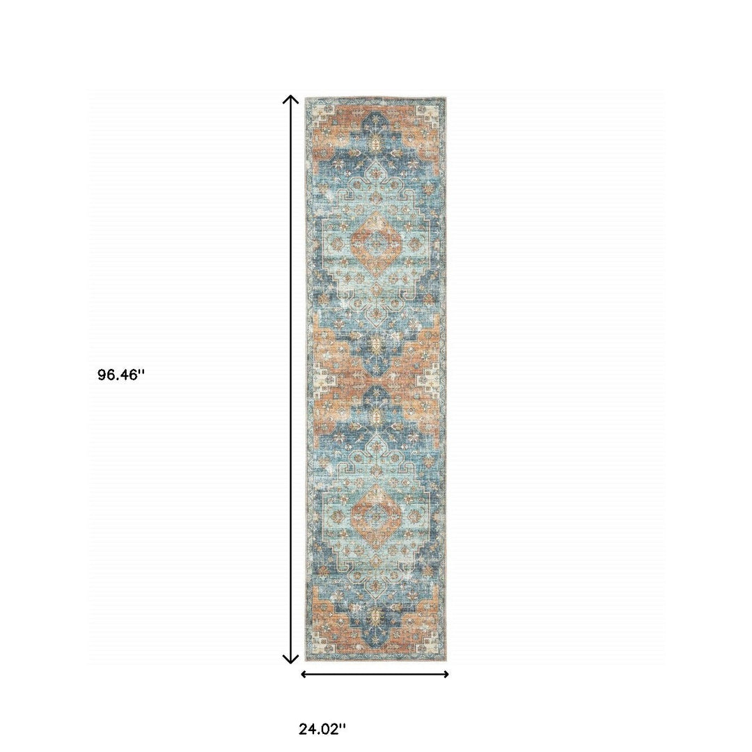 2 X 8 Orange Blue Teal Green And Beige Oriental Power Loom Stain Resistant Runner Rug Image 8