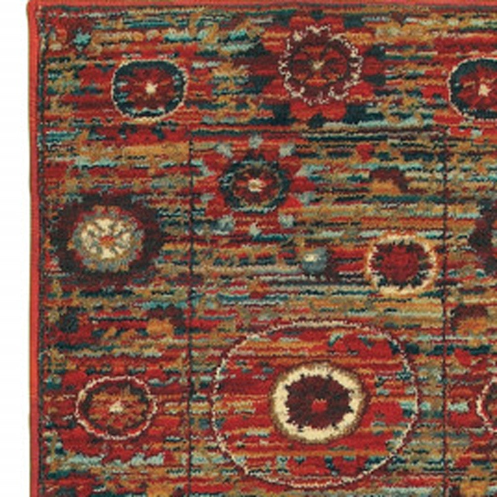 2 X 8 Red Gold Orange Green Ivory Rust And Blue Floral Power Loom Stain Resistant Runner Rug Image 3