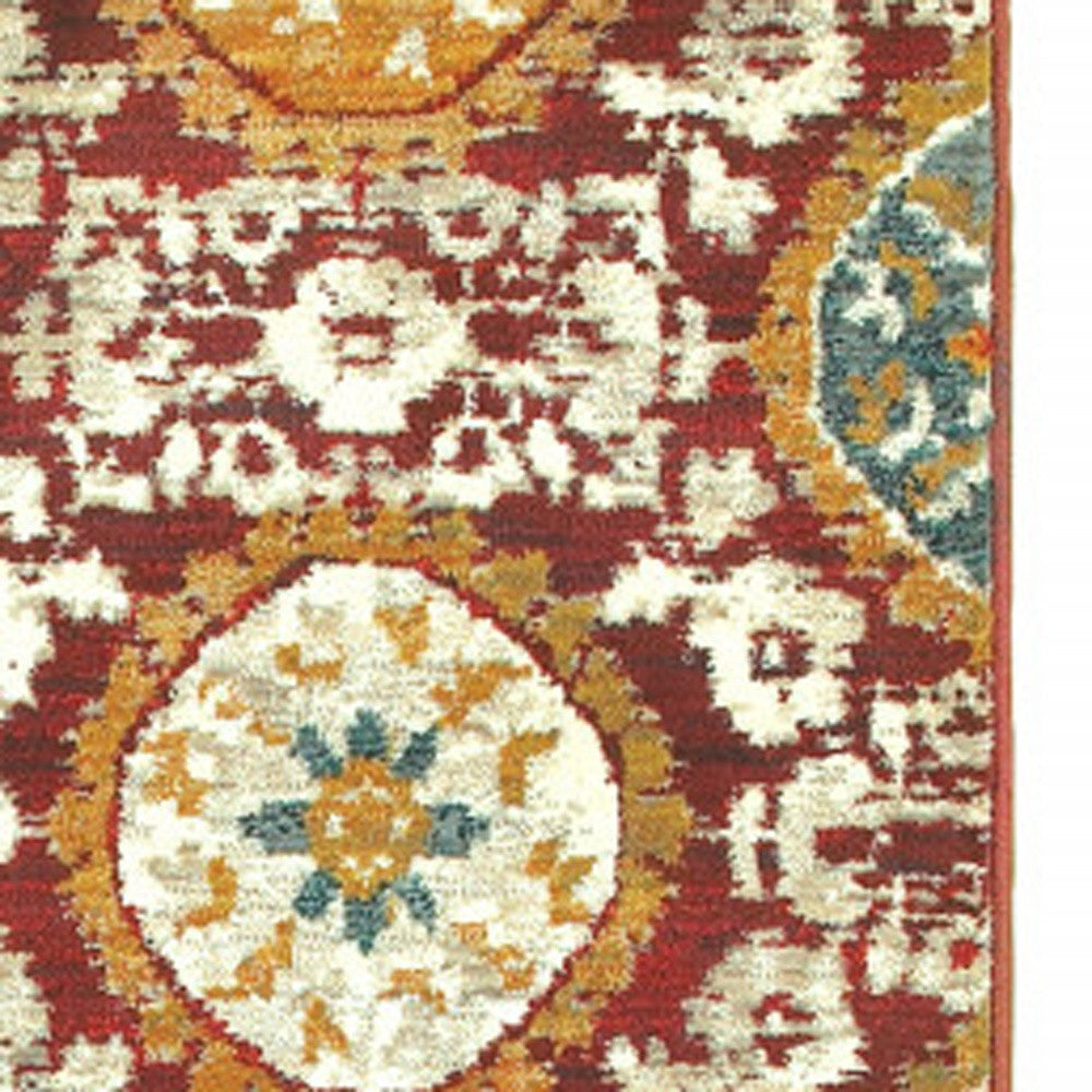 2 X 8 Red Gold Teal Grey Ivory And Blue Oriental Power Loom Stain Resistant Runner Rug Image 3