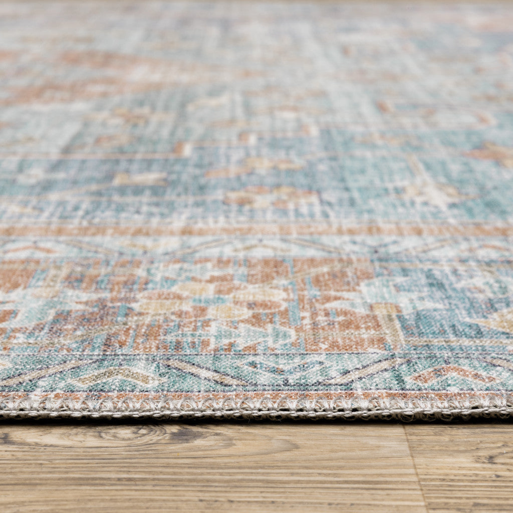 2 X 8 Orange Blue Teal Green And Beige Oriental Power Loom Stain Resistant Runner Rug Image 9