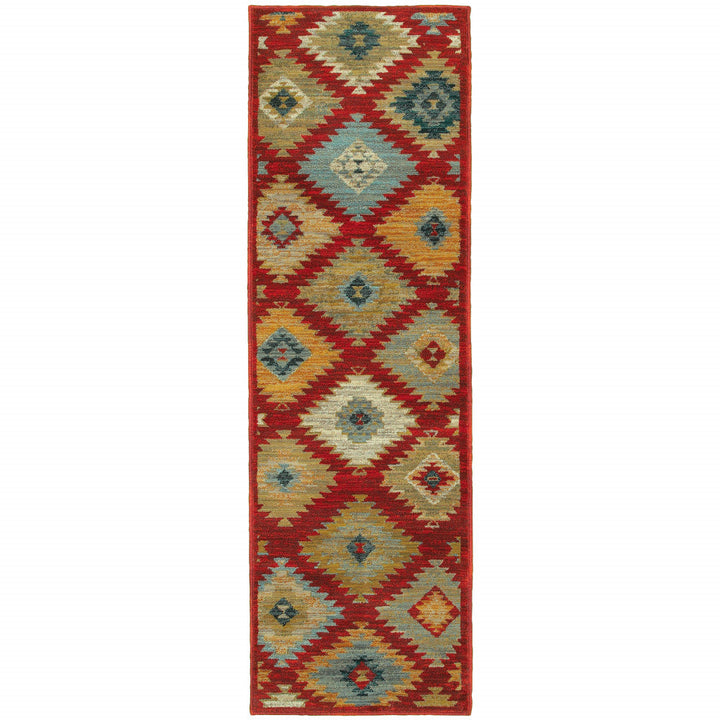 2 X 8 Red Green Gold Blue Teal And Ivory Geometric Power Loom Stain Resistant Runner Rug Image 1