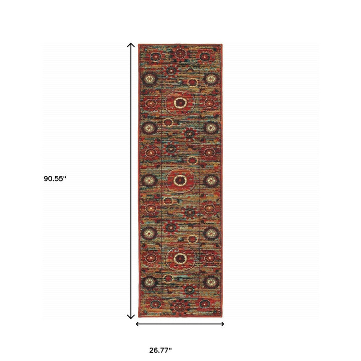 2 X 8 Red Gold Orange Green Ivory Rust And Blue Floral Power Loom Stain Resistant Runner Rug Image 5