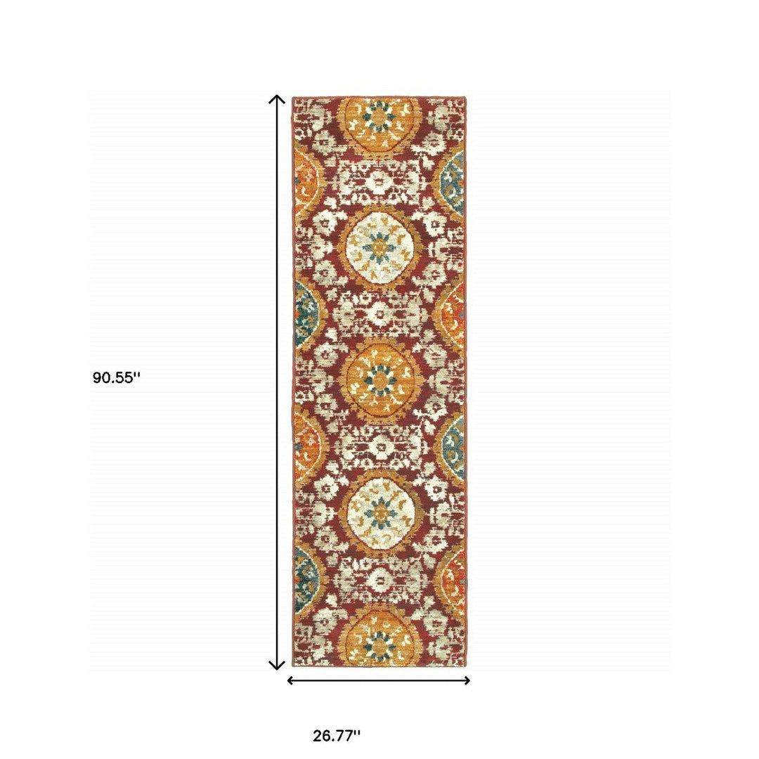 2 X 8 Red Gold Teal Grey Ivory And Blue Oriental Power Loom Stain Resistant Runner Rug Image 5