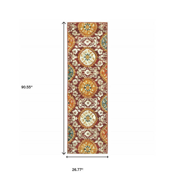 2 X 8 Red Gold Teal Grey Ivory And Blue Oriental Power Loom Stain Resistant Runner Rug Image 5