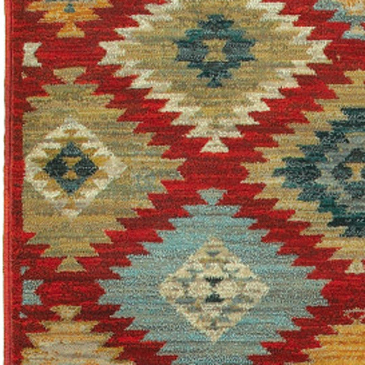 2 X 8 Red Green Gold Blue Teal And Ivory Geometric Power Loom Stain Resistant Runner Rug Image 3