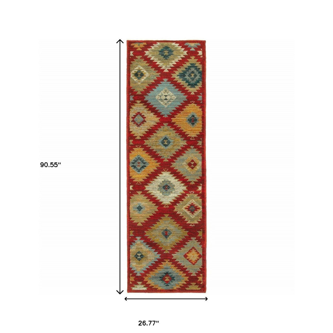 2 X 8 Red Green Gold Blue Teal And Ivory Geometric Power Loom Stain Resistant Runner Rug Image 4