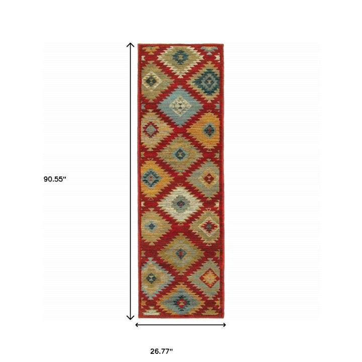 2 X 8 Red Green Gold Blue Teal And Ivory Geometric Power Loom Stain Resistant Runner Rug Image 4