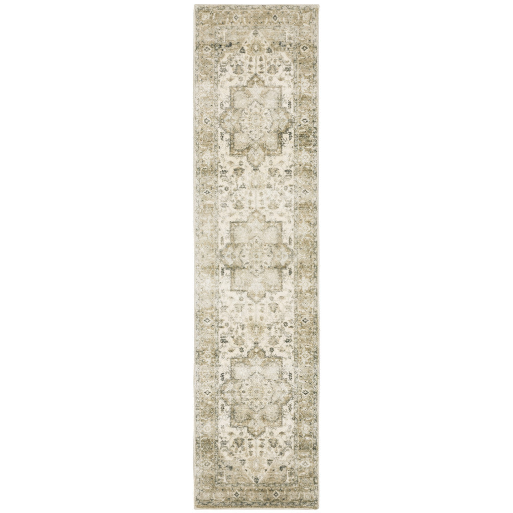 2 X 8 Tan Ivory Grey And Beige Oriental Power Loom Stain Resistant Runner Rug Image 1