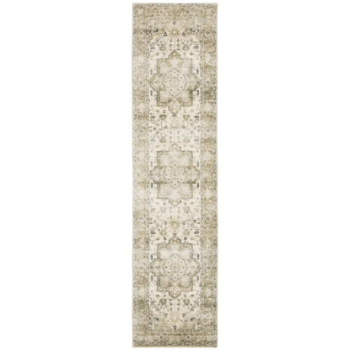 2 X 8 Tan Ivory Grey And Beige Oriental Power Loom Stain Resistant Runner Rug Image 1