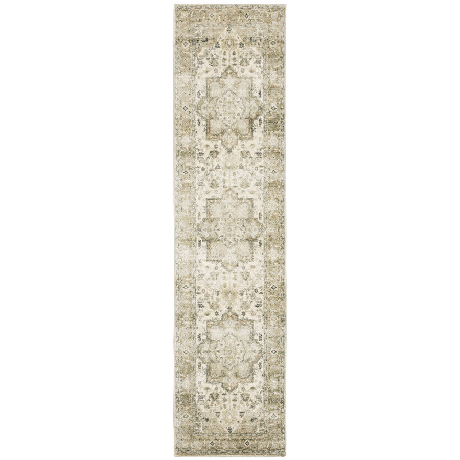 2 X 8 Tan Ivory Grey And Beige Oriental Power Loom Stain Resistant Runner Rug Image 1