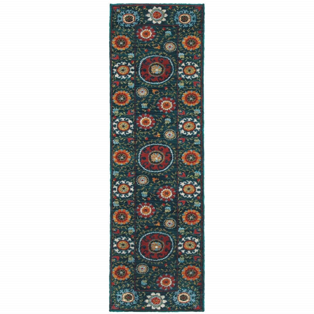 2 X 8 Teal Blue Rust Gold And Ivory Floral Power Loom Stain Resistant Runner Rug Image 1