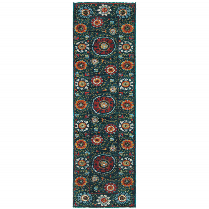 2 X 8 Teal Blue Rust Gold And Ivory Floral Power Loom Stain Resistant Runner Rug Image 1