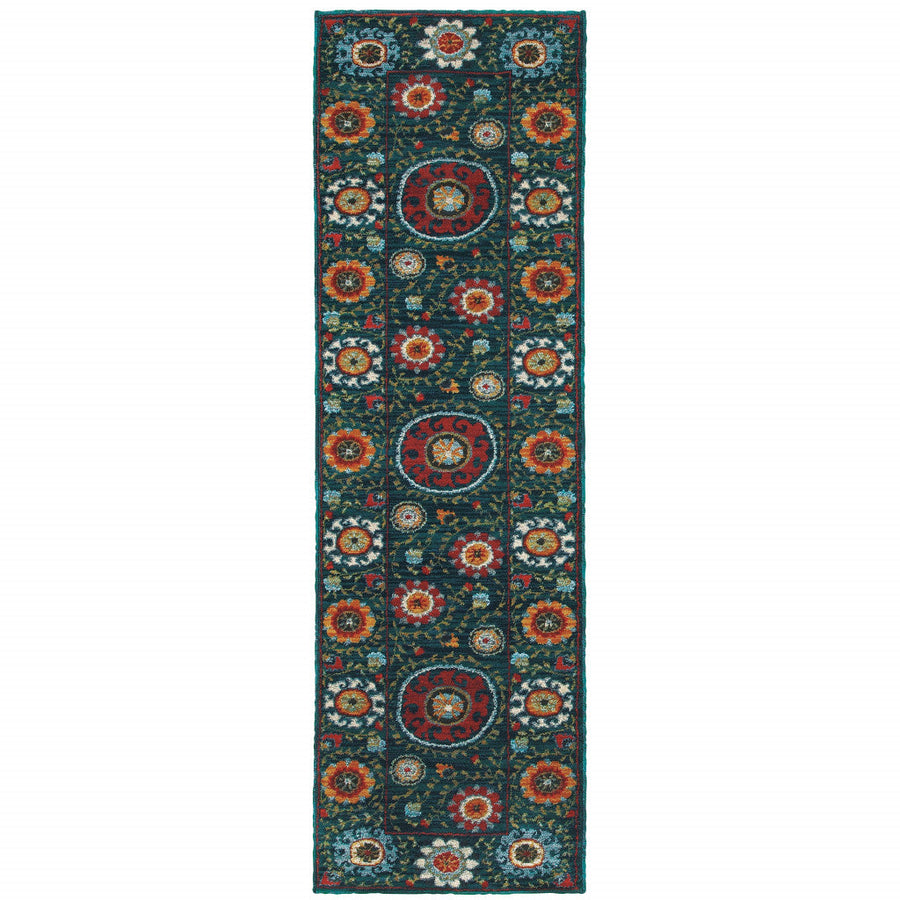 2 X 8 Teal Blue Rust Gold And Ivory Floral Power Loom Stain Resistant Runner Rug Image 1