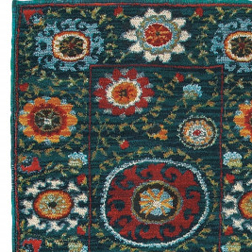 2 X 8 Teal Blue Rust Gold And Ivory Floral Power Loom Stain Resistant Runner Rug Image 3