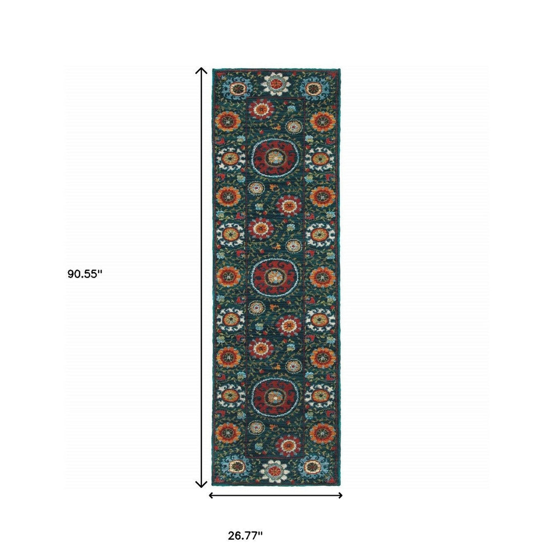 2 X 8 Teal Blue Rust Gold And Ivory Floral Power Loom Stain Resistant Runner Rug Image 5