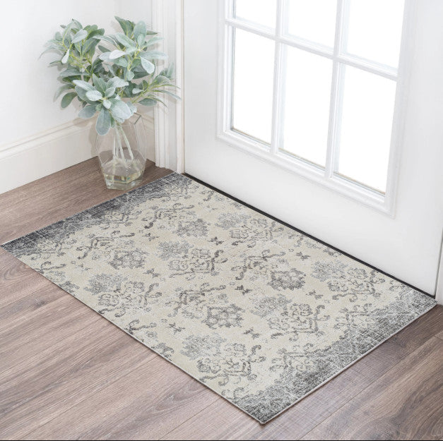 3 X 5 Gray and Ivory Oriental Area Rug Image 1