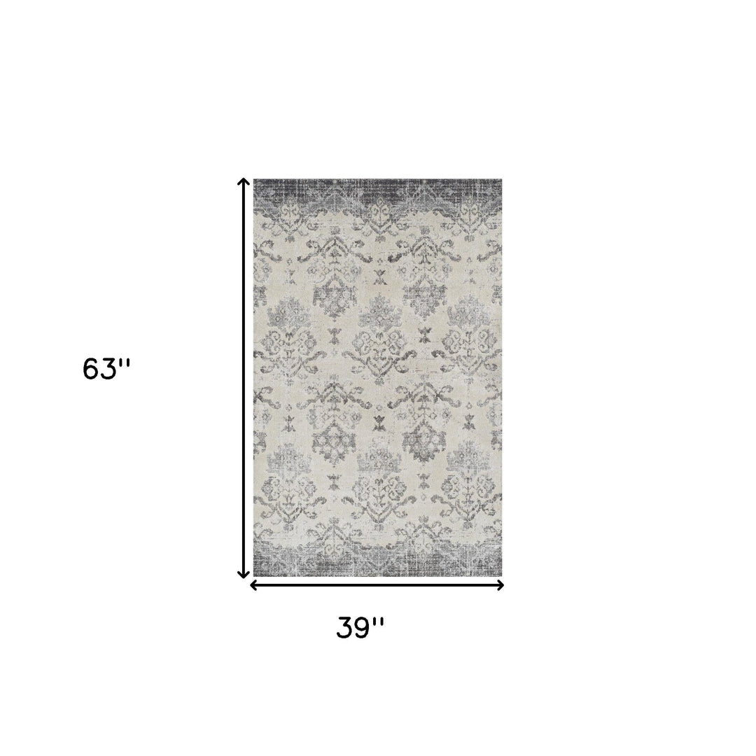 3 X 5 Gray and Ivory Oriental Area Rug Image 3