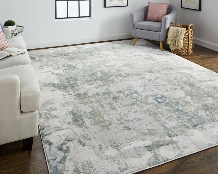 8 X 10 Green Gray And Ivory Abstract Distressed Stain Resistant Area Rug Image 9