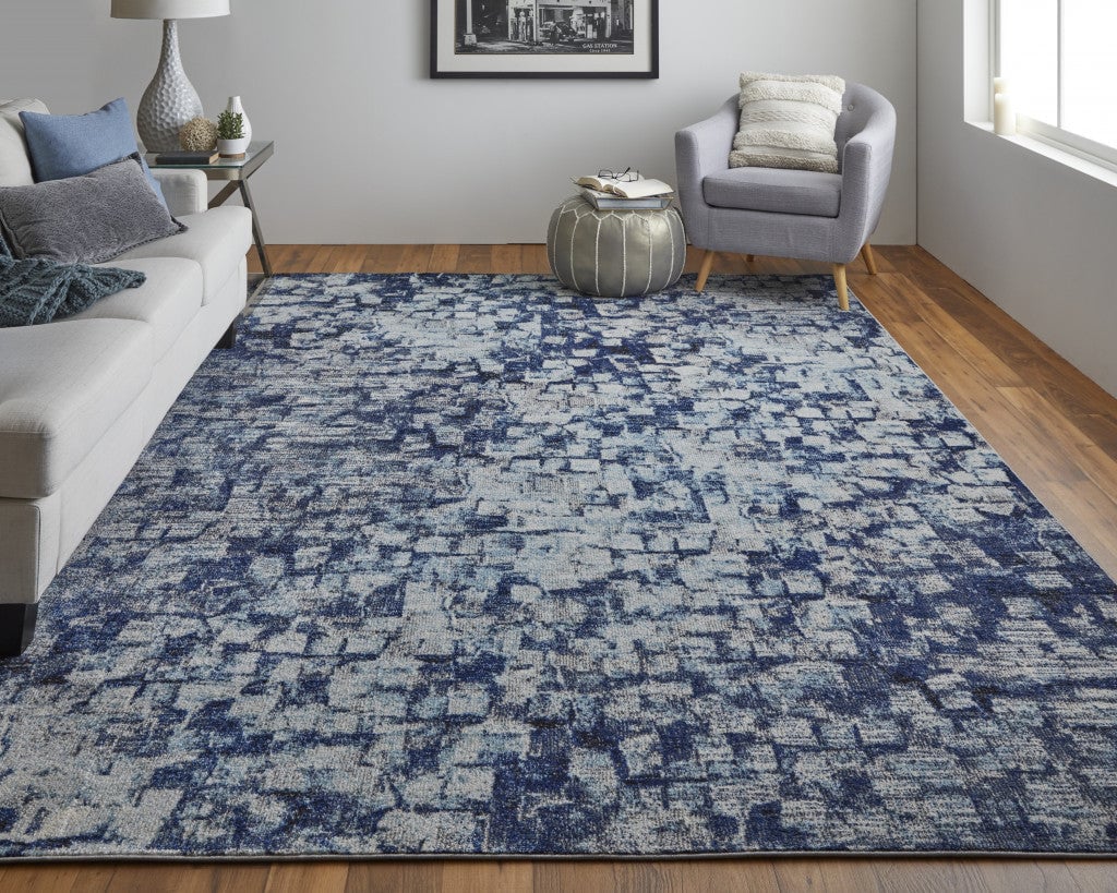 3 X 5 Blue And Ivory Abstract Power Loom Distressed Stain Resistant Area Rug Image 9