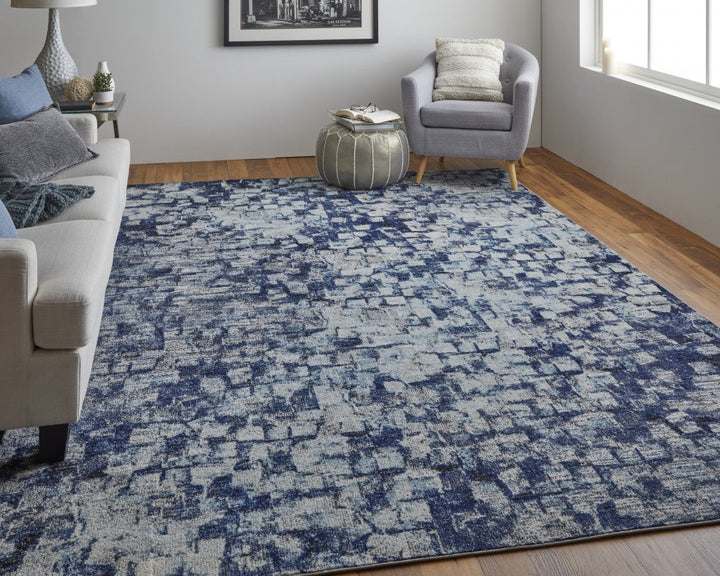 3 X 5 Blue And Ivory Abstract Power Loom Distressed Stain Resistant Area Rug Image 10