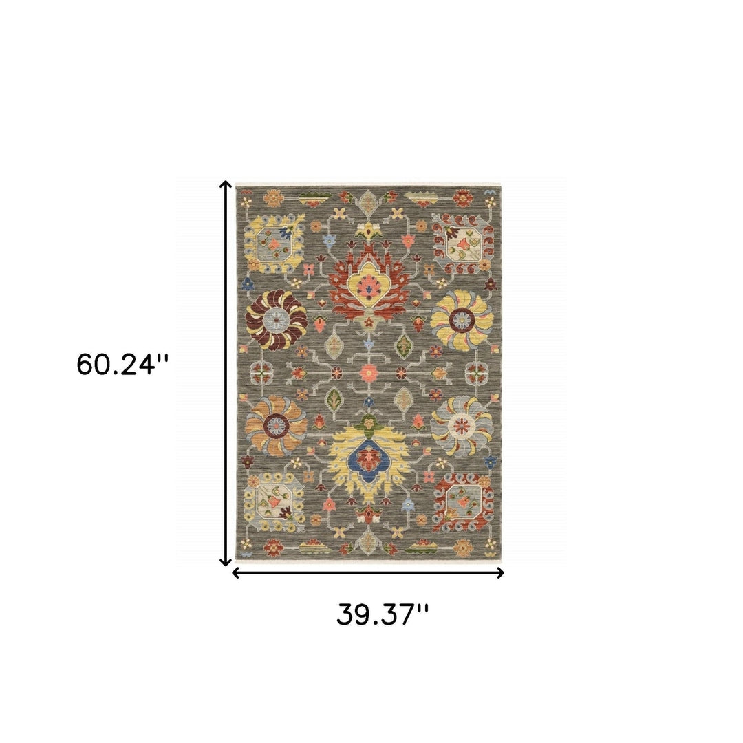 3 X 5 Grey Charcoal Yellow Blue Rust Red Pink Green And Ivory Oriental Power Loom Stain Resistant Area Rug With Fringe Image 4