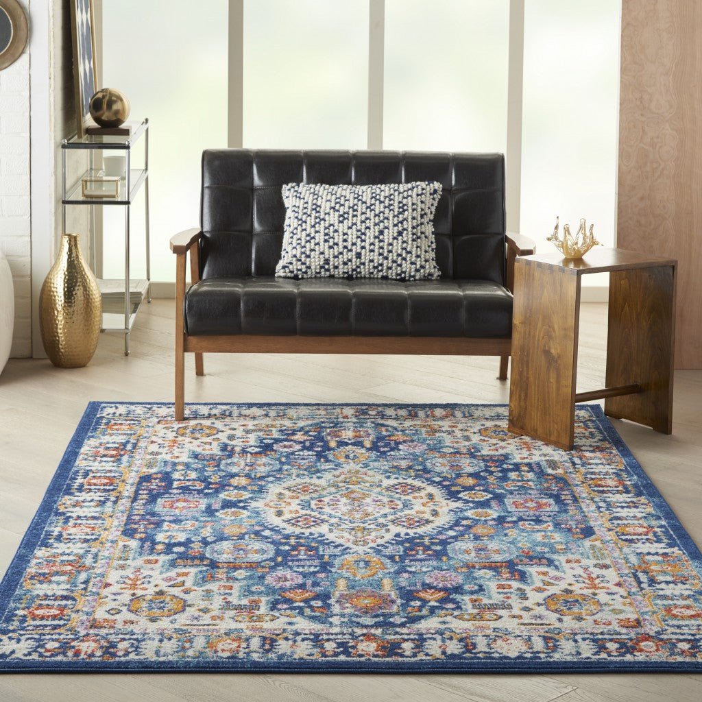 8 X 10 Blue And Ivory Power Loom Area Rug Image 3