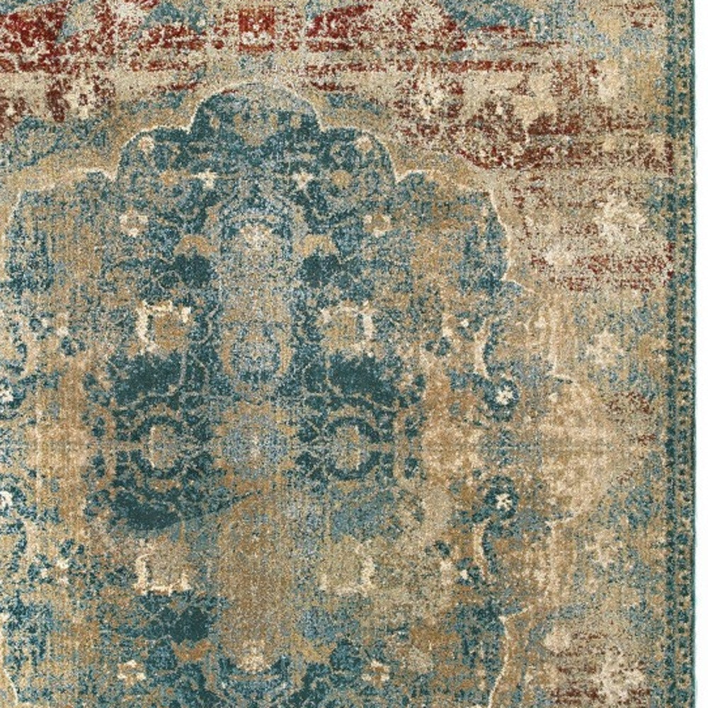 10 X 13 Sand And Blue Distressed Indoor Area Rug Image 3