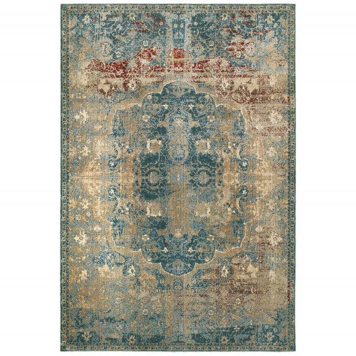 10 X 13 Sand And Blue Distressed Indoor Area Rug Image 5