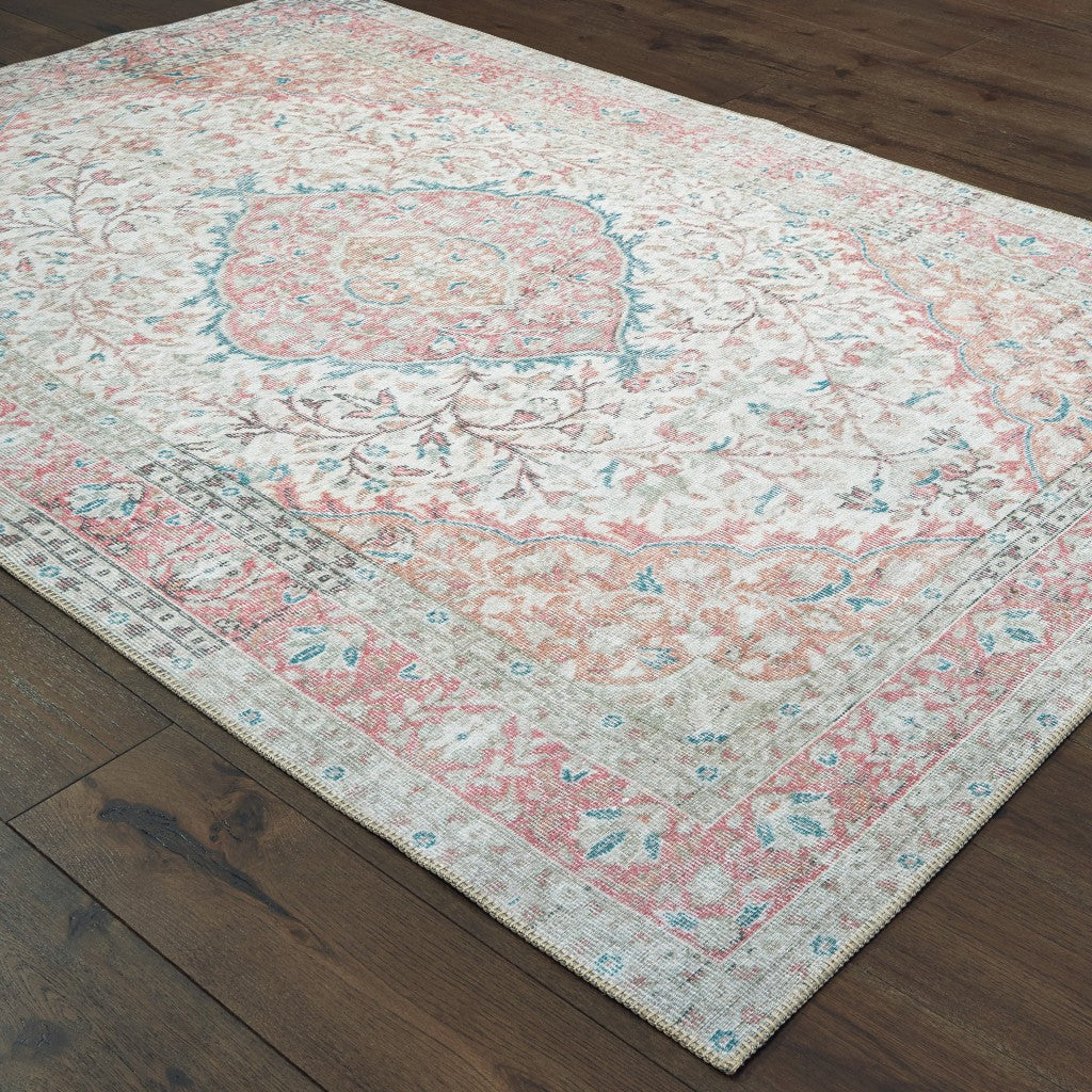 8X10 Ivory And Pink Oriental Area Rug Image 2