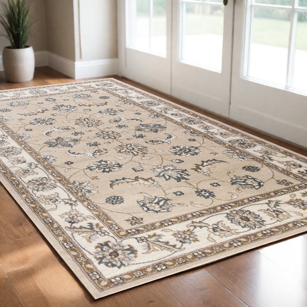 5X8 Beige Ivory Bordered Floral Indoor Area Rug Image 1