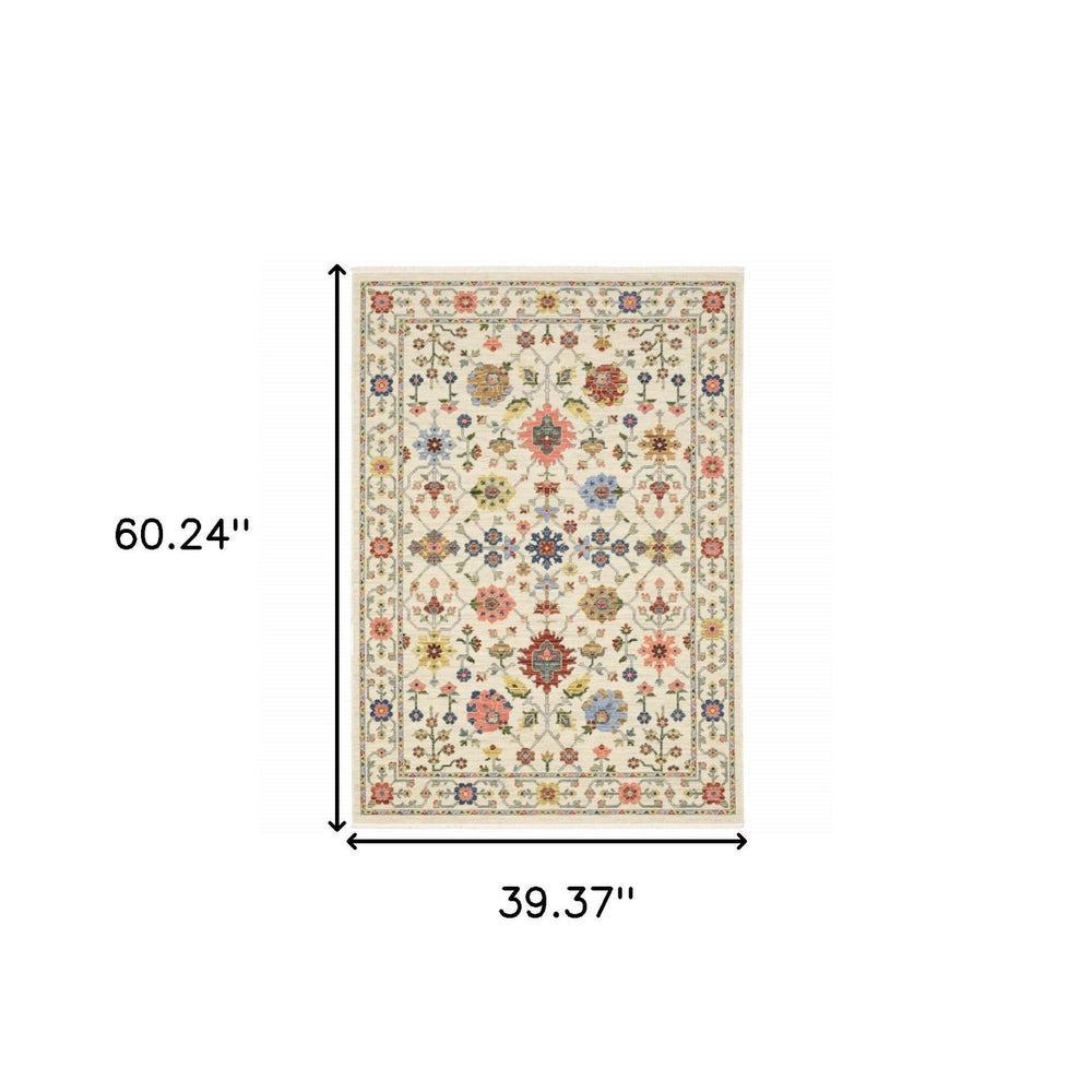 3 X 5 Ivory Salmon Pink Gold Blues Grey Rust And Green Oriental Power Loom Stain Resistant Area Rug With Fringe Image 2