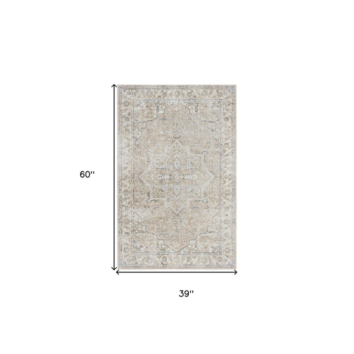 3 X 5 Beige Oriental Power Loom Washable Area Rug Image 6