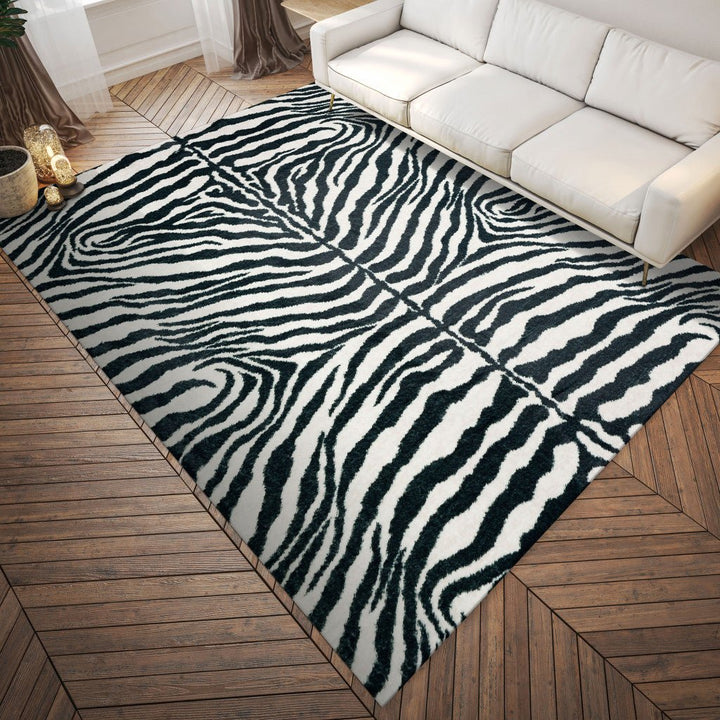 3 X 5 Black and White Zebra Print Shag Handmade Non Skid Area Rug Image 6