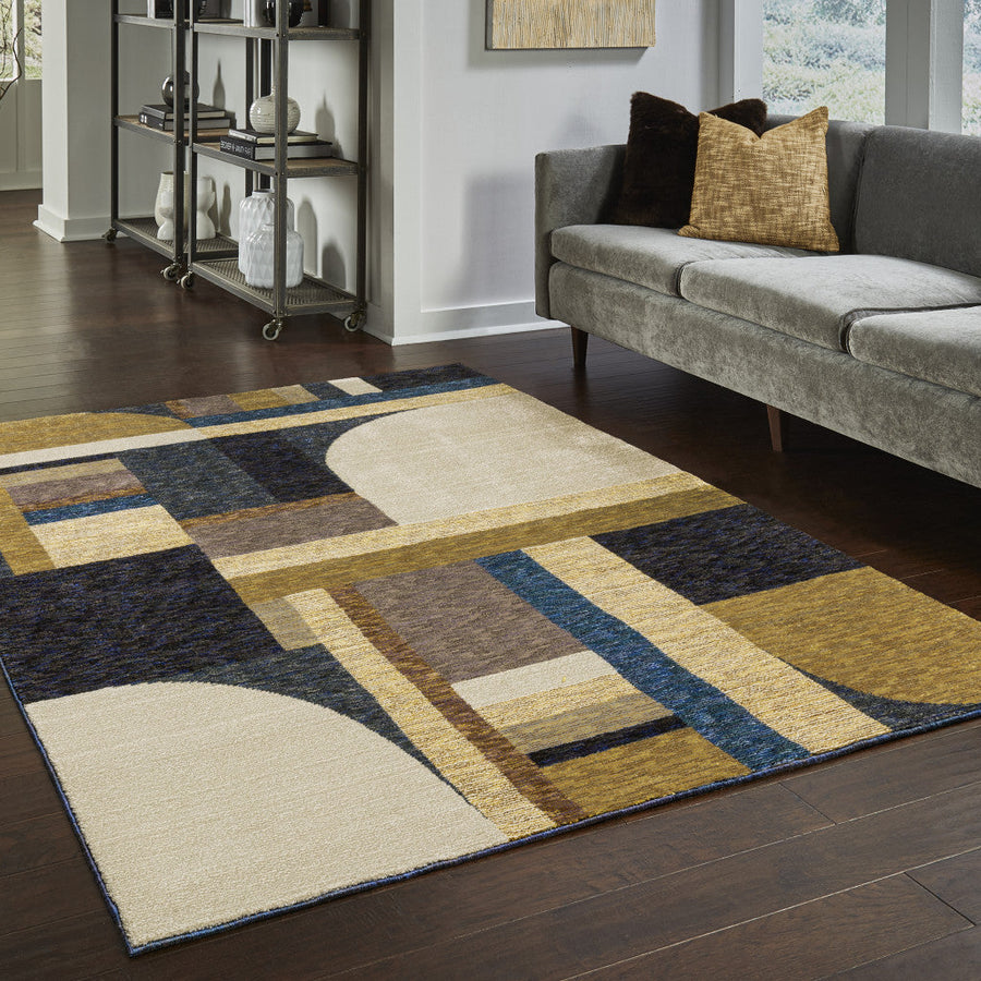 3 X 5 Blue and Beige Geometric Power Loom Area Rug Image 1