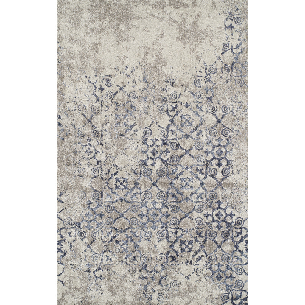 3 X 5 Blue and Ivory Oriental Distressed Area Rug Image 2