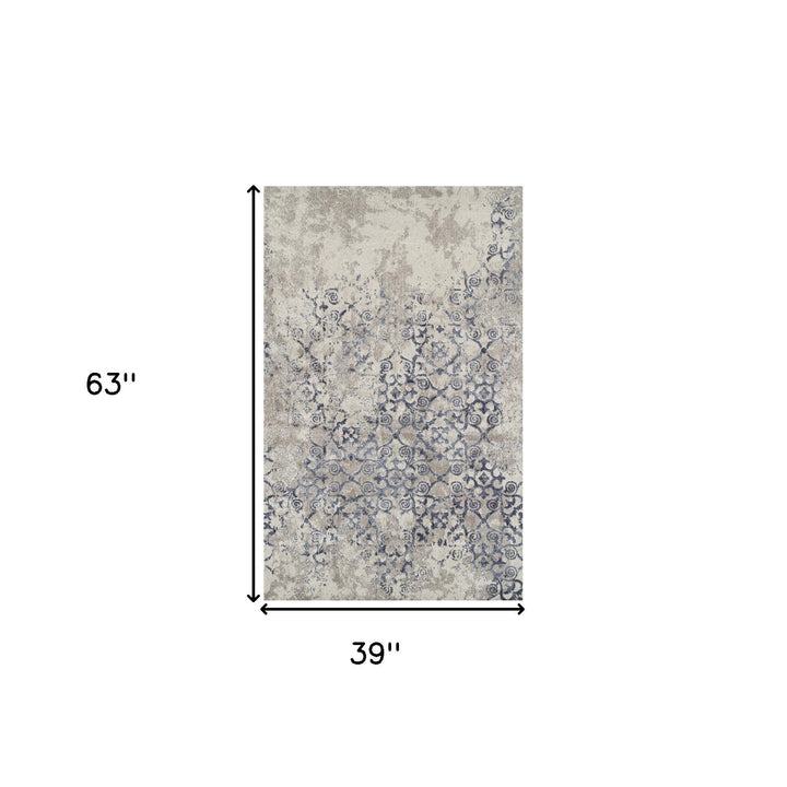 3 X 5 Blue and Ivory Oriental Distressed Area Rug Image 3