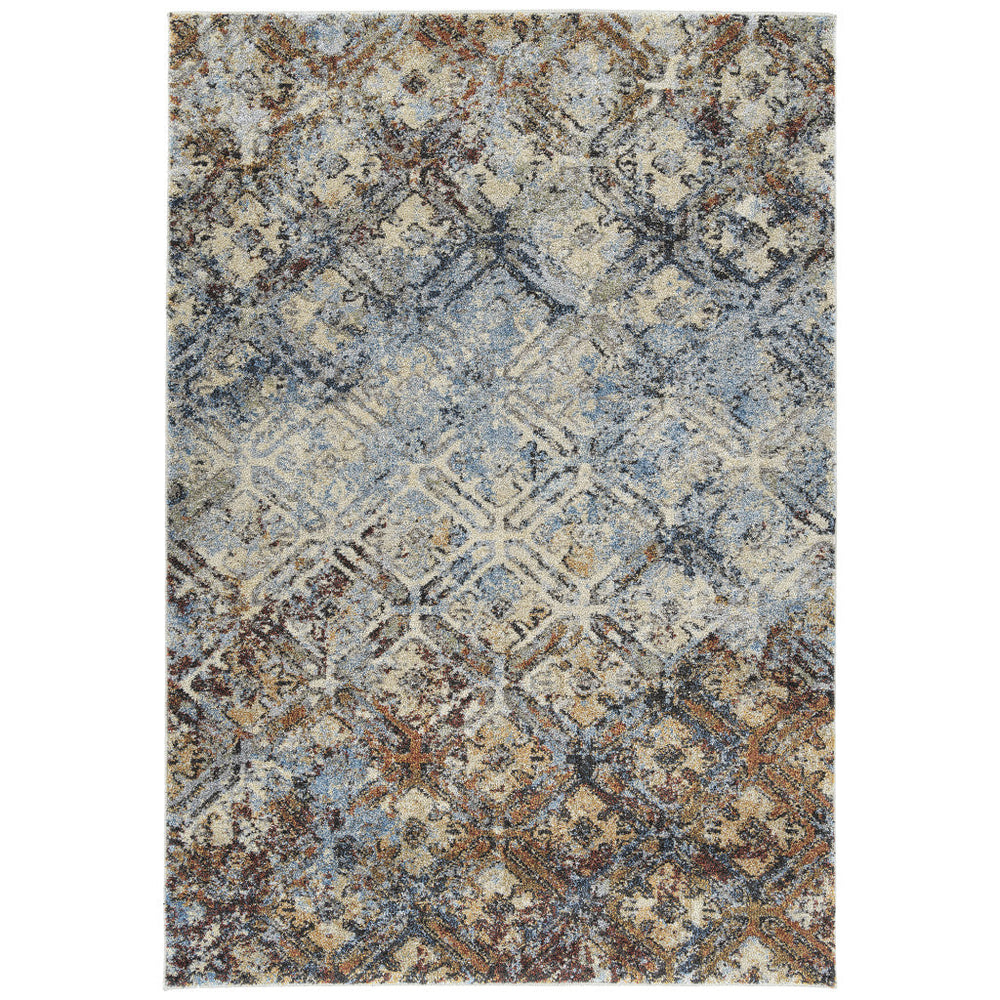 3 X 5 Brown Light Blue And Gray Distressed Diamond Area Rug Image 2