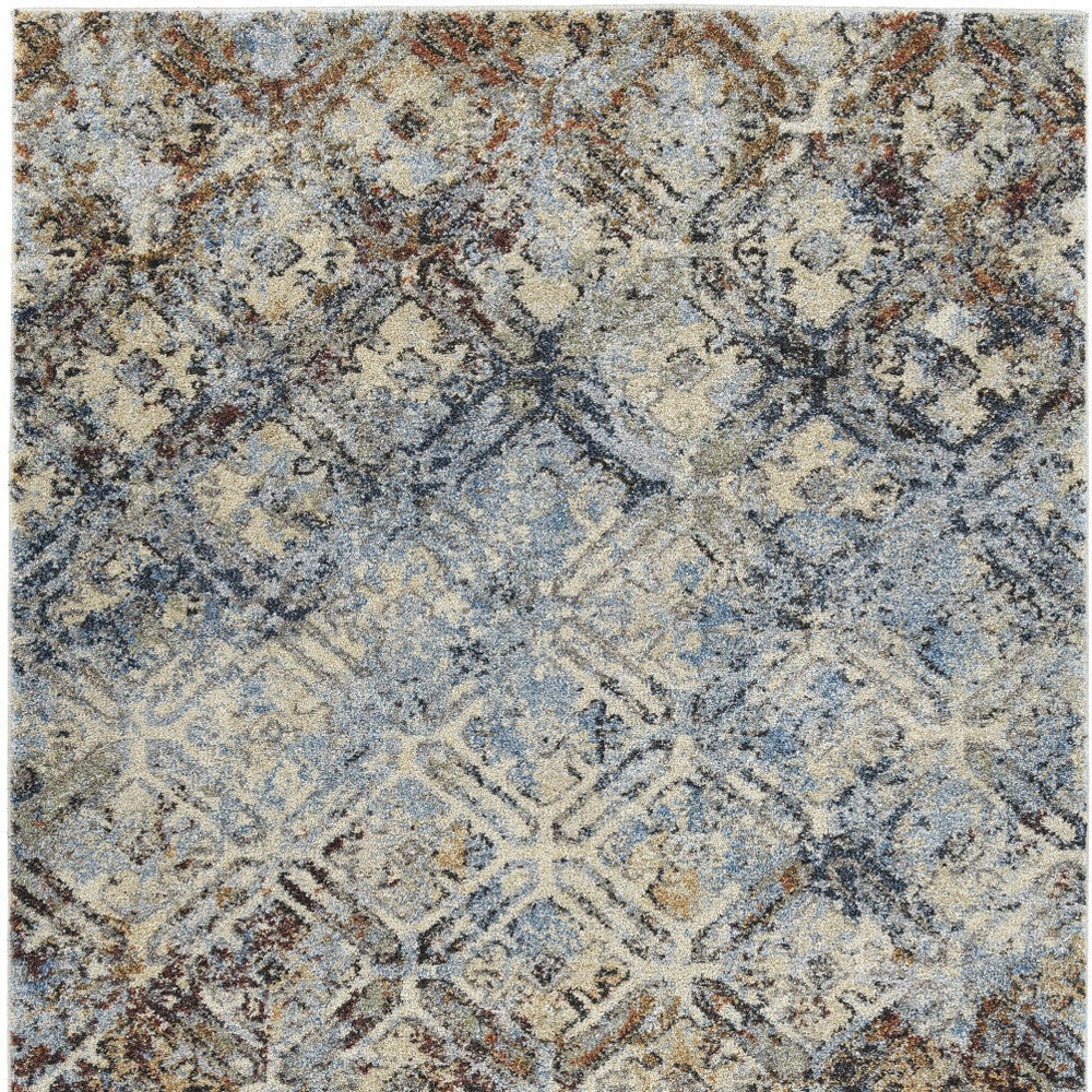 3 X 5 Brown Light Blue And Gray Distressed Diamond Area Rug Image 4