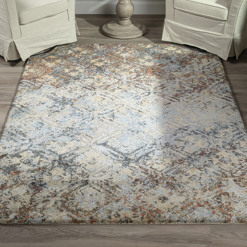 3 X 5 Brown Light Blue And Gray Distressed Diamond Area Rug Image 10