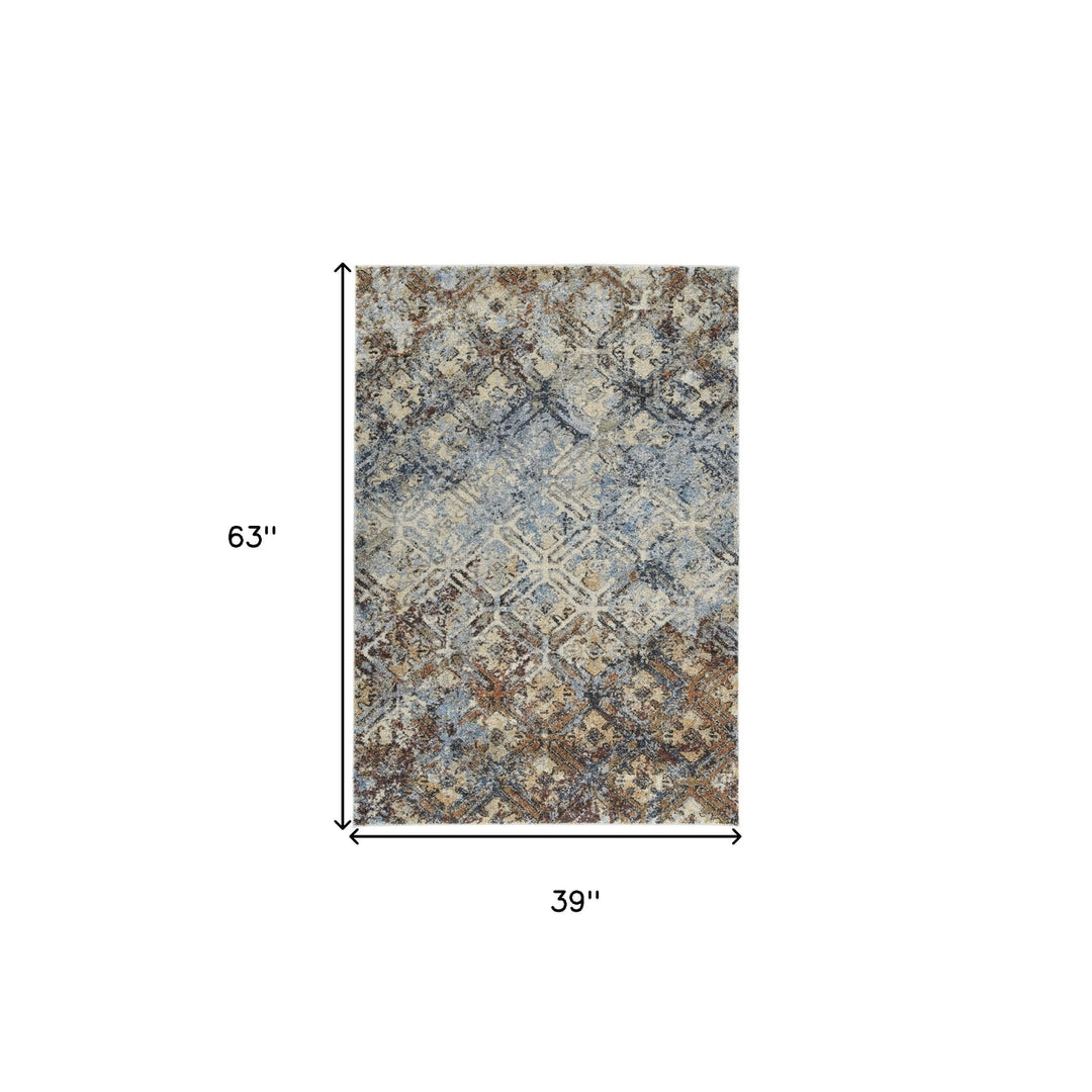 3 X 5 Brown Light Blue And Gray Distressed Diamond Area Rug Image 11