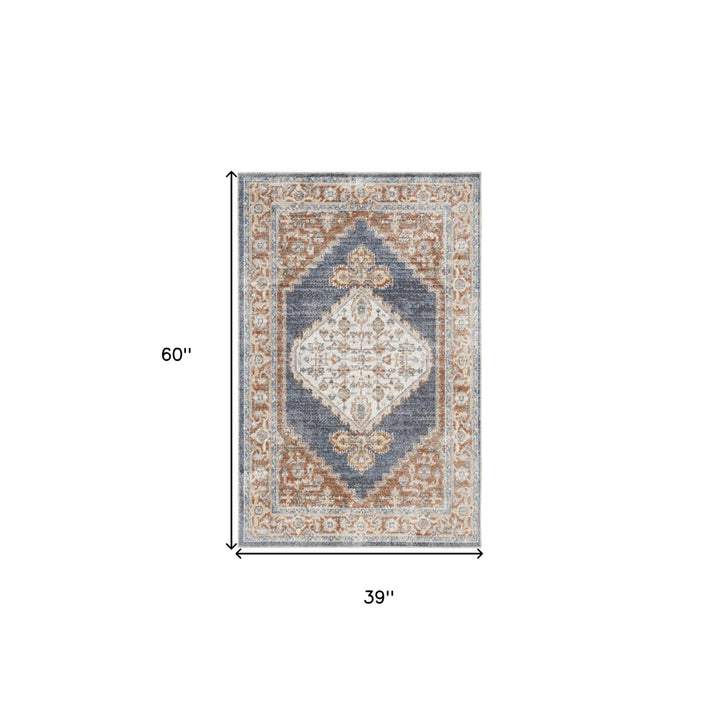 3 X 5 Denim Blue Oriental Power Loom Distressed Washable Area Rug Image 6