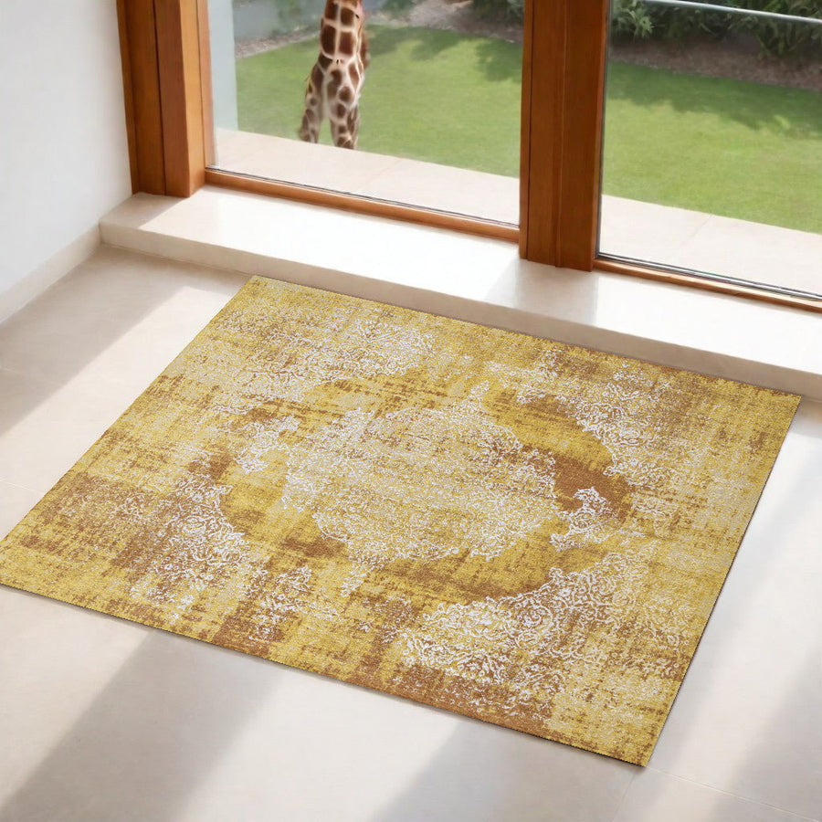 3 X 5 Yellow and Brown Oriental Non Skid Area Rug Image 1